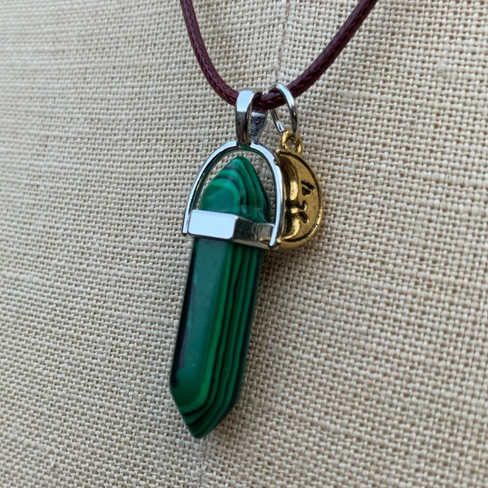 Handmade Malachite Dagger Tower Amulet with Moon Charm_8